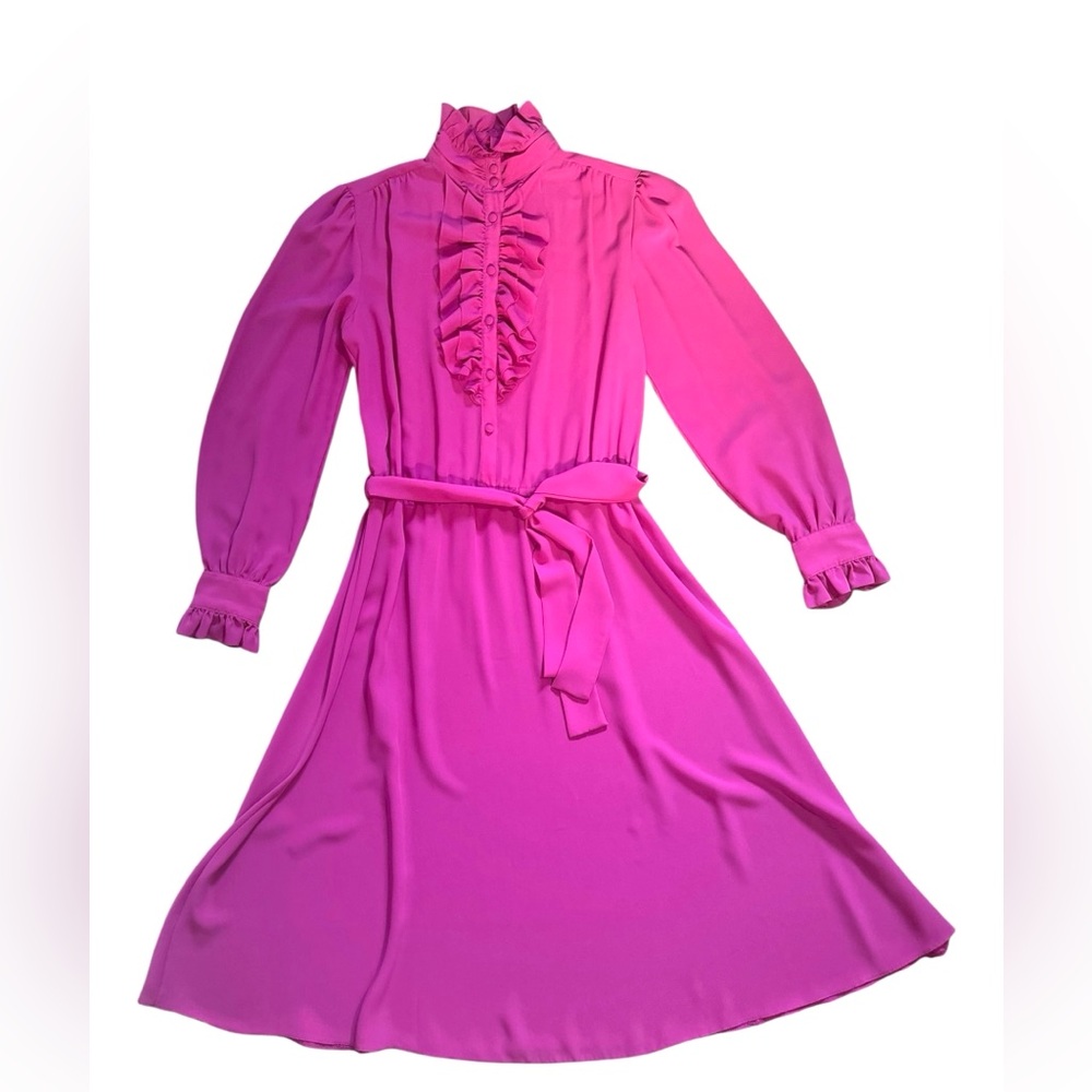Vintage Fuchsia Ruffle Midi Dress | High Neck, Belted, Long Sleeve